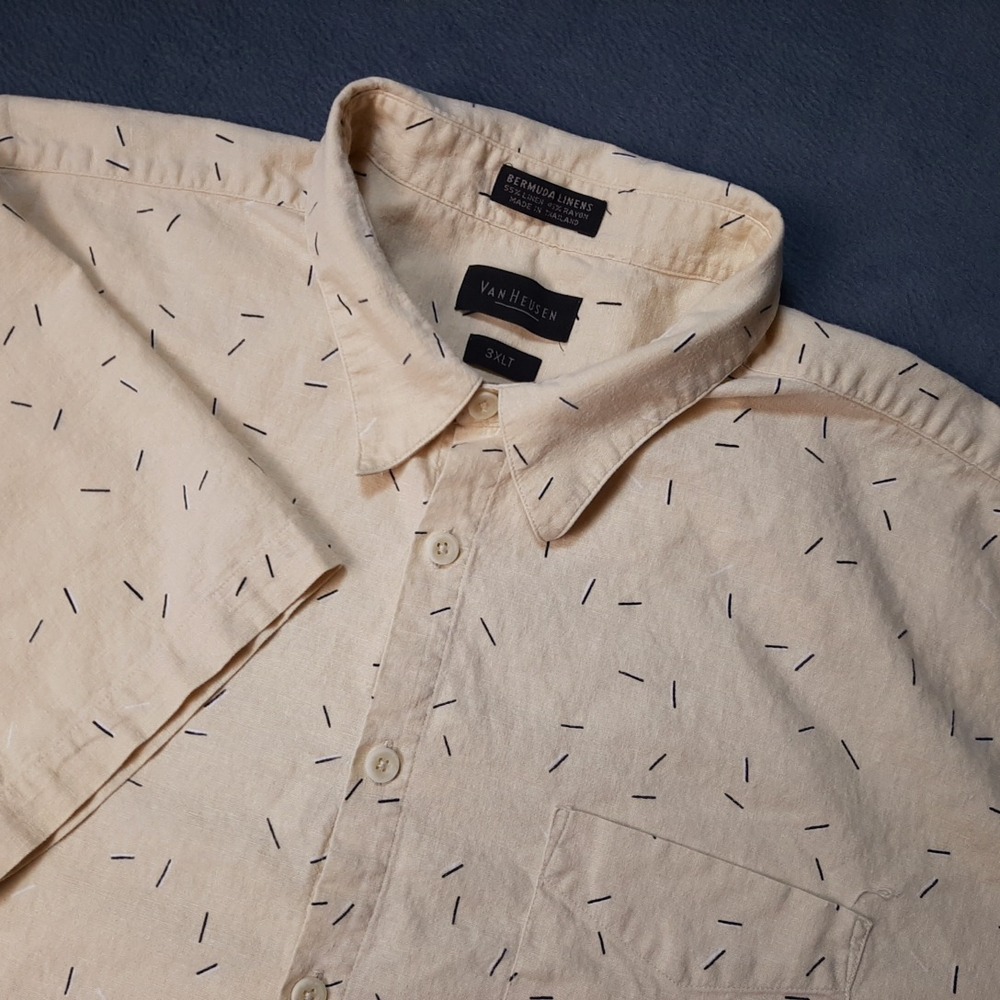Van Heusen Shirt Mens 3XLT XXXL Tall Yellow LINEN Sprinkle Hawaiian Button Up